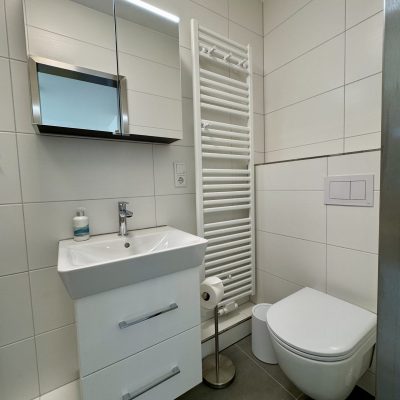 Ferienwohnung Strandflieder - Waschbecken, Heizung und WC